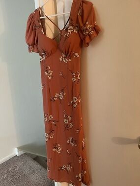 Inspired Hearts Rust Floral Maxi Dress with Puff Sleeves